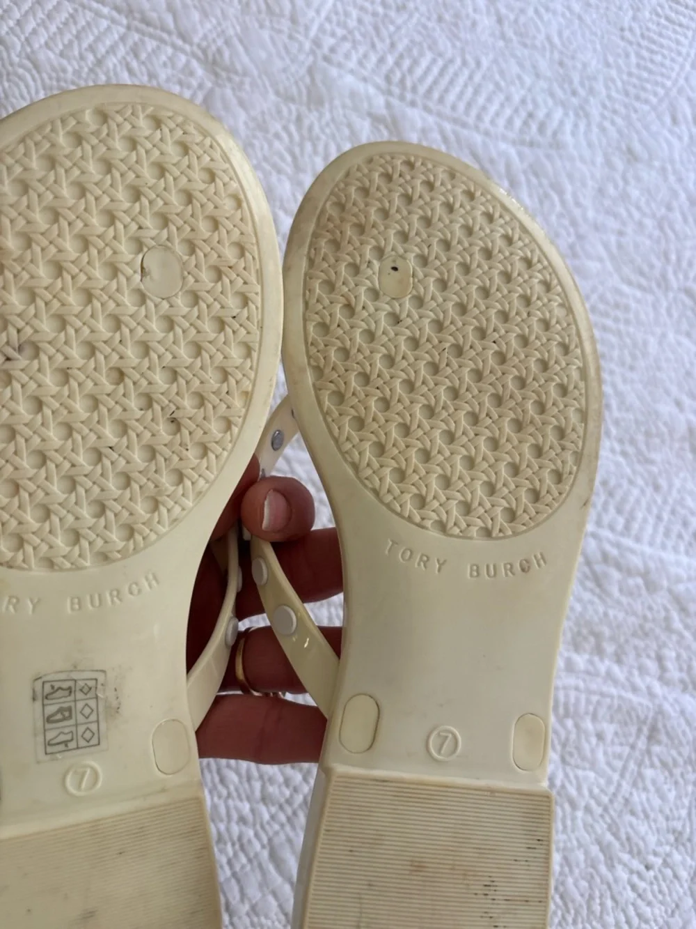 Tory Burch Ivory/pale yellow thong jelly  sandals size 7. Studded w/metal logos